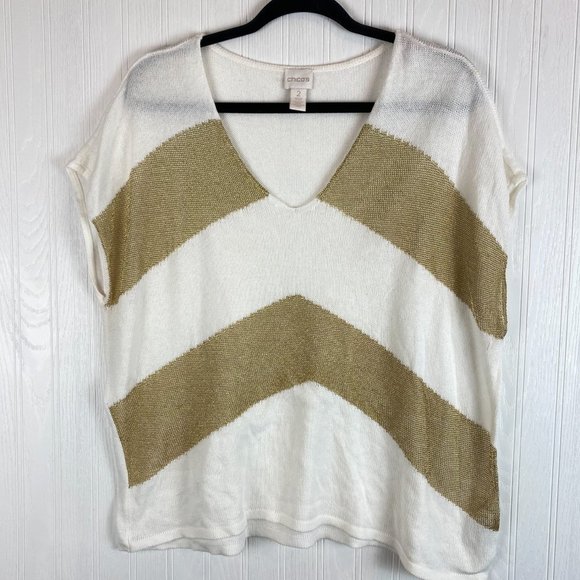 CHICOS SHORT SLEEVE‎ SWEATER SIZE MEDIUM WHITE AND GOLD - Picture 1 of 4